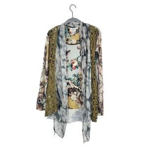 Elysee 26‎ Green Floral Tunic Crochet Vest Sz L Boho Forest Fairy Globincore